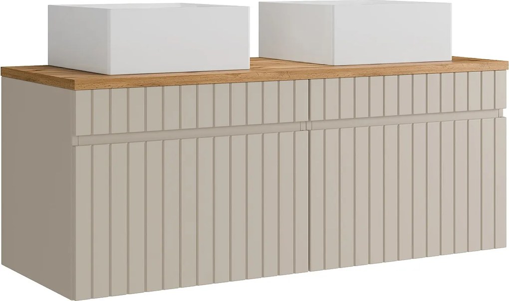 Wisząca szafka łazienkowa prążkowana beżowa z nablatową umywalką kwadratową - 120 cm - SATARA