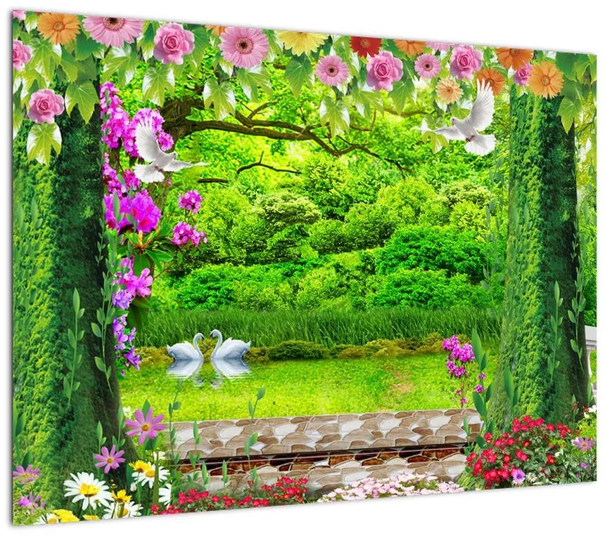 Obraz na szkle - Magiczny ogród z łabędziami (70x50 cm)