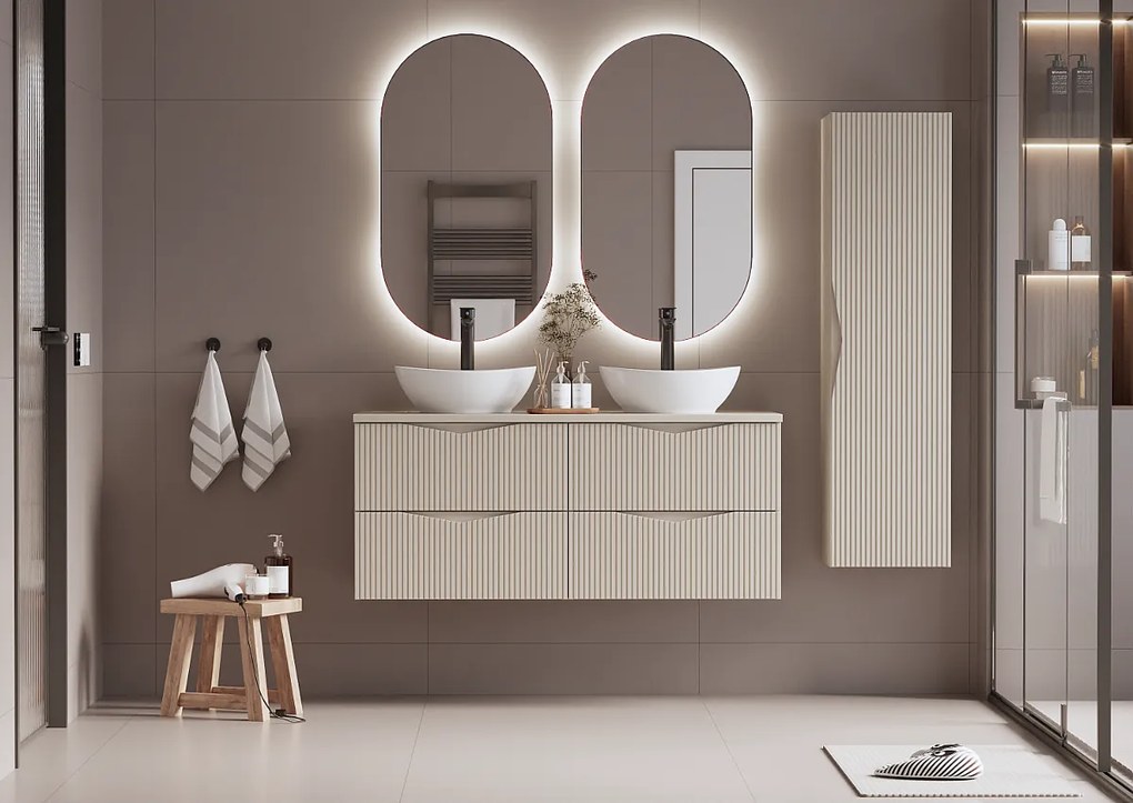 Zestaw do Łazienki 120cm Szafka z Blatem Ryflowane Fronty Beż Piaskowy Cleo