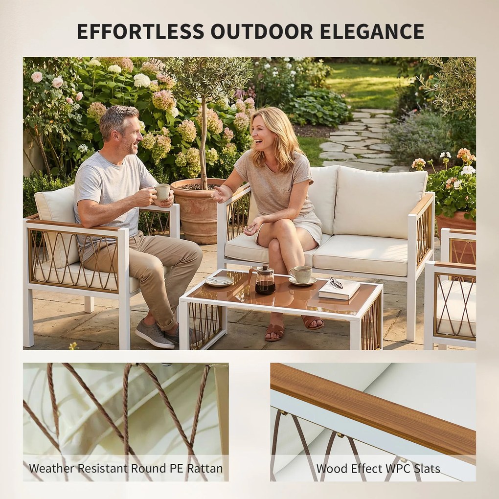 Outsunny Zestaw mebli ogrodowych 4-częściowy Polirattanowy zestaw wypoczynkowy z sofą, 2 fotelami, szklanym stolikiem, poduszkami i matami antypoślizgowymi | Aosom PL