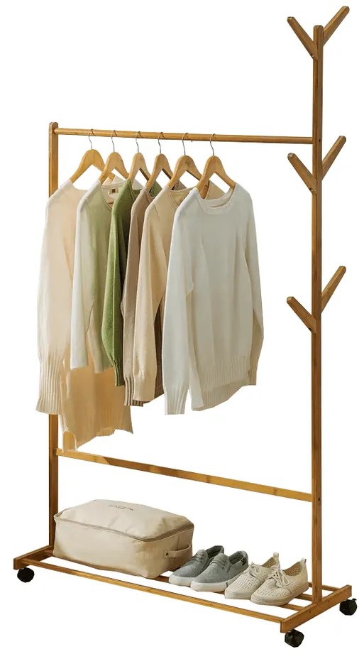 Wieszak na kółkach Vikir typ 3, bambus, 100 x 35 x 174 cm