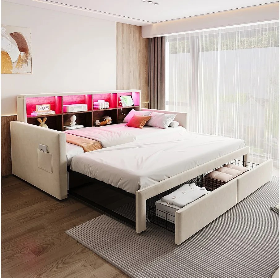 Rozkładana sofa dziecięca - 90/180 x 190 cm - zagłówek z pojemnikiem + diody LED + gniazdka - z 2 szufladami - aksamitna - beżowa