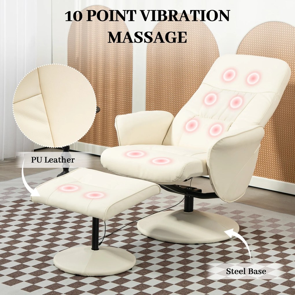HOMCOM Fotel Masujący z Podnóżkiem, Ergonomiczny Fotel z 10 Punktami Wibracyjnymi, Skóra Ekologiczna, 76 x 81 x 105 cm, Kremowy
