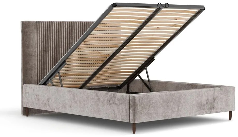Beżowe tapicerowane łóżko dwuosobowe ze schowkiem ze stelażem 160x200 cm Etero – Maison de Rêve
