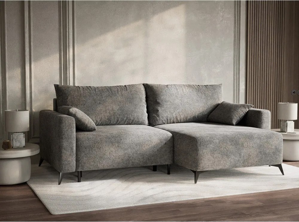 Szary rozkładany narożnik ze schowkiem z tkaniny szenilowej (prawostronny/z szezlongiem) Leon – Maison de Rêve