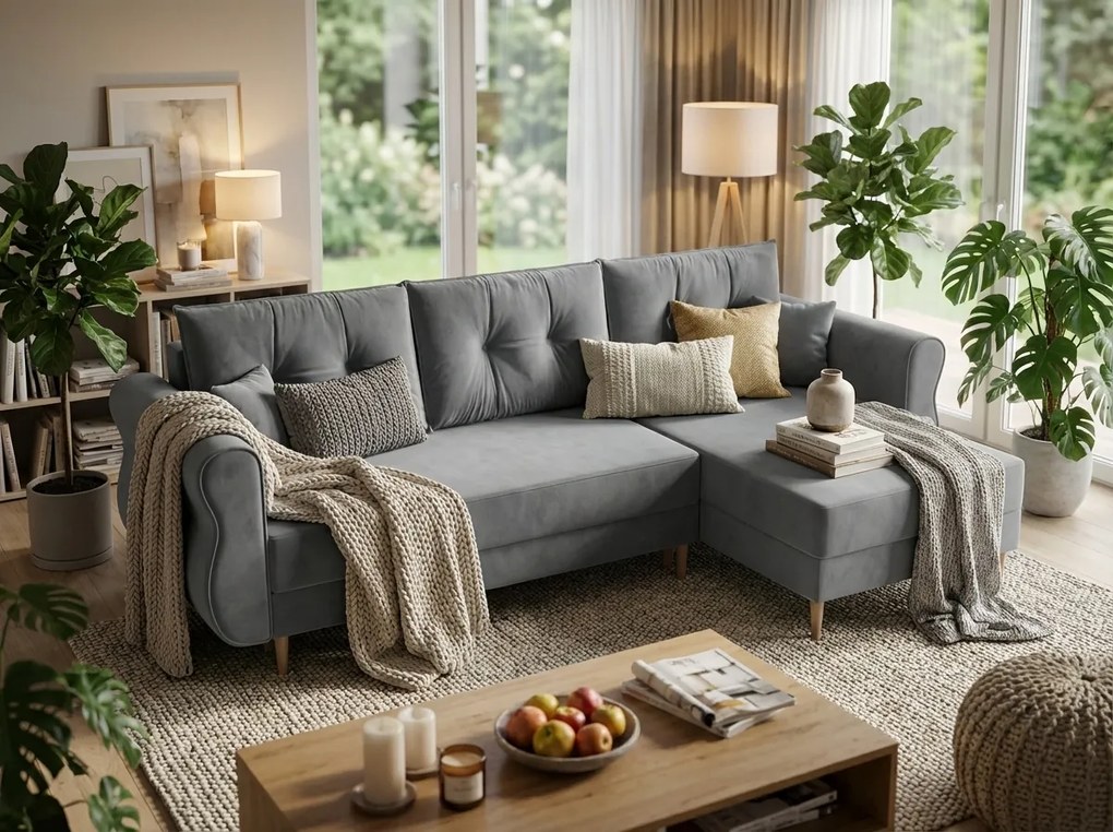 Rozkładana narożna sofa SILVIANO 230x140 cm, szara, uniwersalna