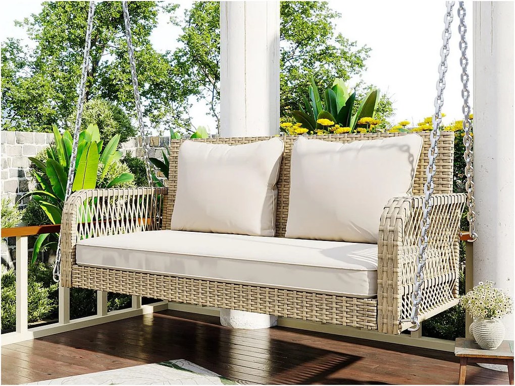 Fotel wiszący z plecionki syntetycznej - Huśtawka ogrodowa - 2 miejsca - z poduszkami - Beżowy