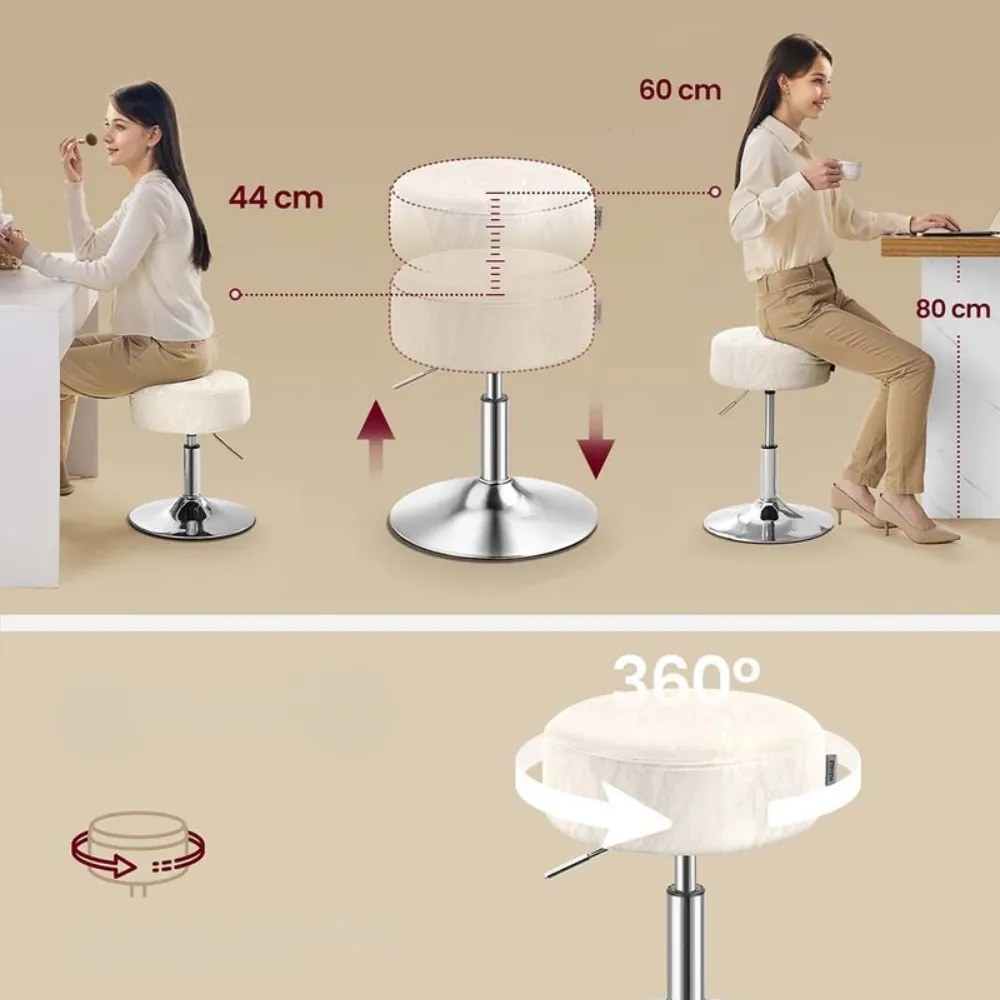 Regulowane krzesło do toaletki AURA, Ø35cm, kremowe Vasagle