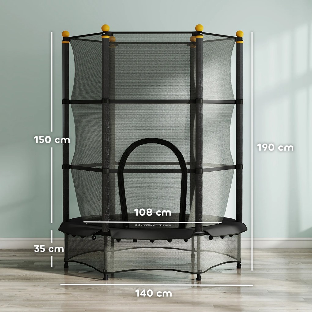 HOMCOM Trampolina dla dzieci, Ø140 cm, z siatką bezpieczeństwa, na zewnątrz i do środka, stal, plastik, do 50 kg, czarna