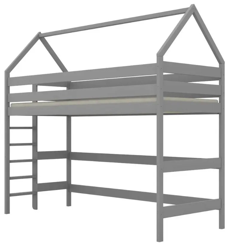 Łóżko piętrowe domek TOBI 1 200x80 szare drewniane z szufladami KOCOT KIDS