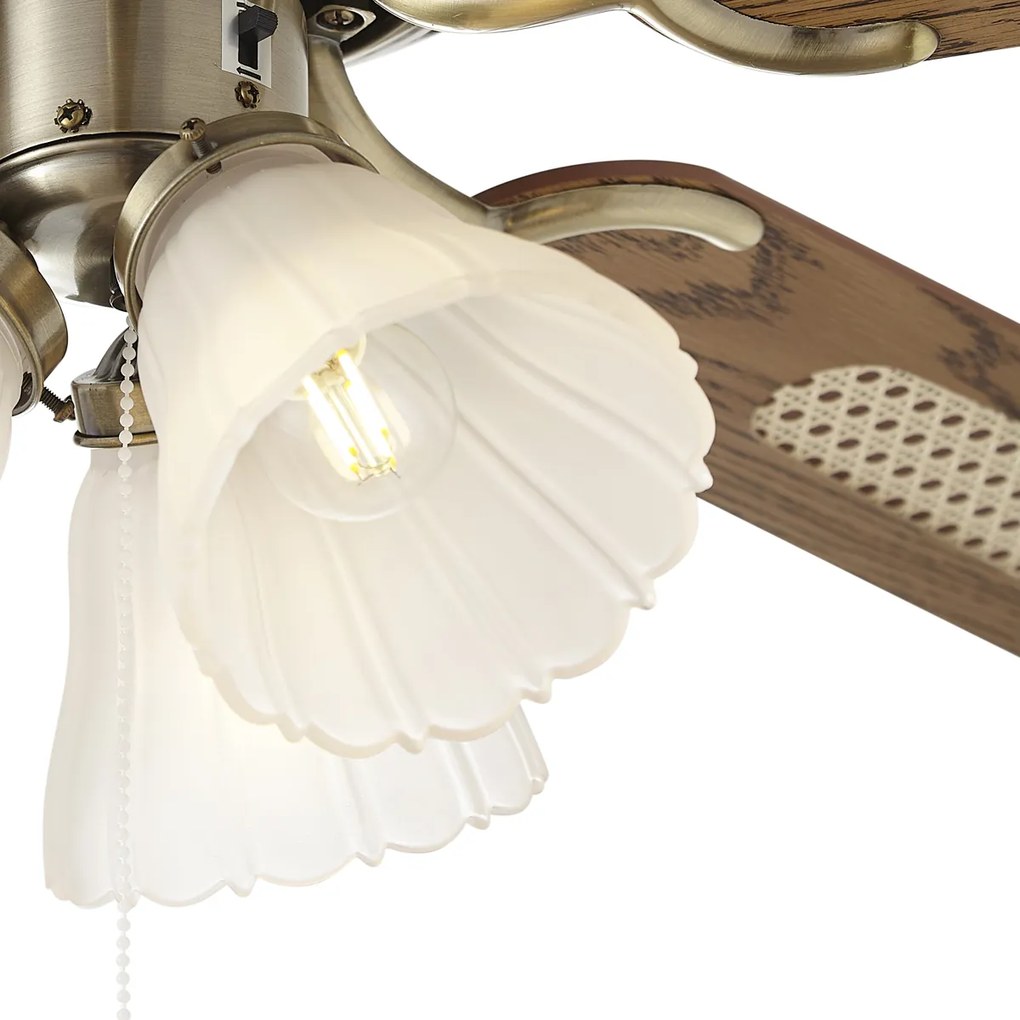 Mosiężny wentylator sufitowy z nadrukiem drewna i rattanem 108 cm z przełącznikiem łańcuszkowym - Mistral Lia