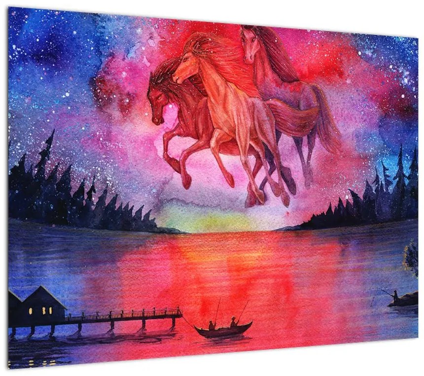 Obraz na szkle - Pojawienie się kosmicznych koni nad jeziorem, akwarela (70x50 cm)