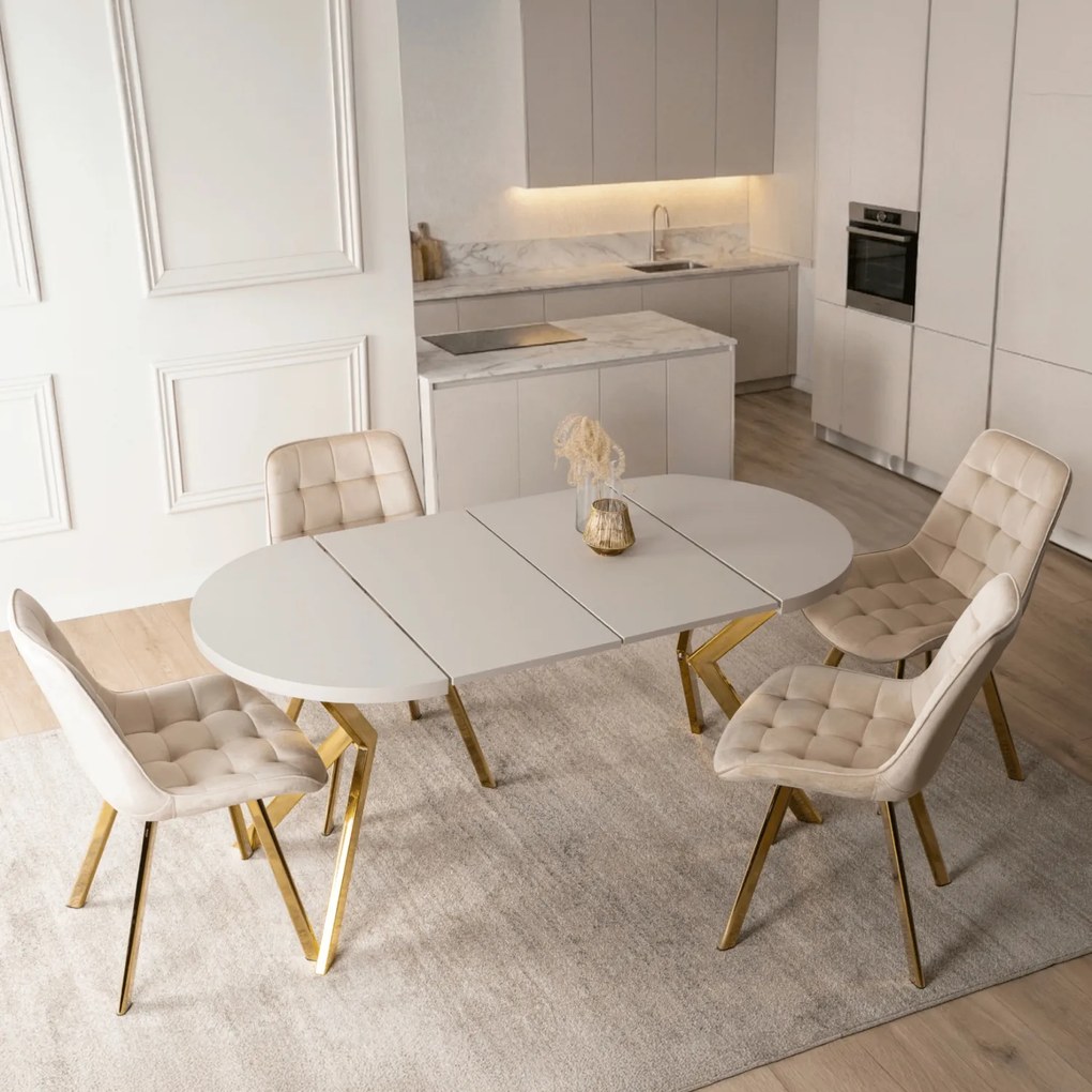 Stół Okrągły Rozkładany DORIAN 80-160 cm Kaszmir/Złoty Glamour