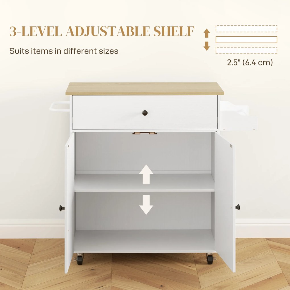 HOMCOM Wózek Kuchenny z Szufladą, Szafką, Uchwytem na Ręcznik, 106 x 42 x 87 cm, Biały/Dąb