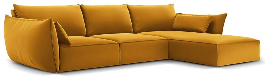 Musztardowy aksamitny narożnik (prawostronny/z szezlongiem) Vanda – Mazzini Sofas