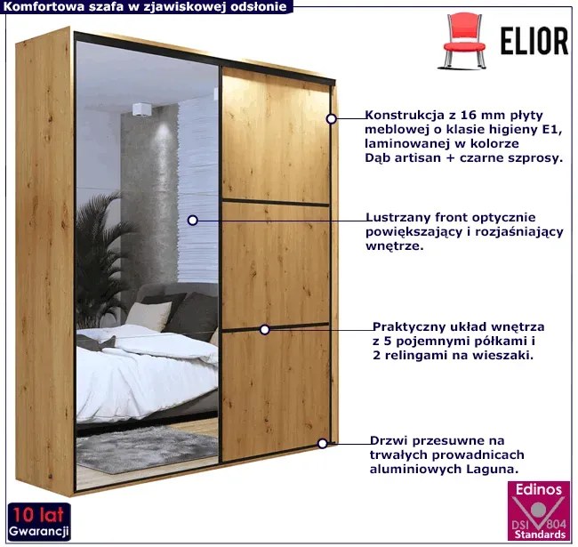 Szafa z lustrem dąb artisan + czarne szprosy - Estori 3X