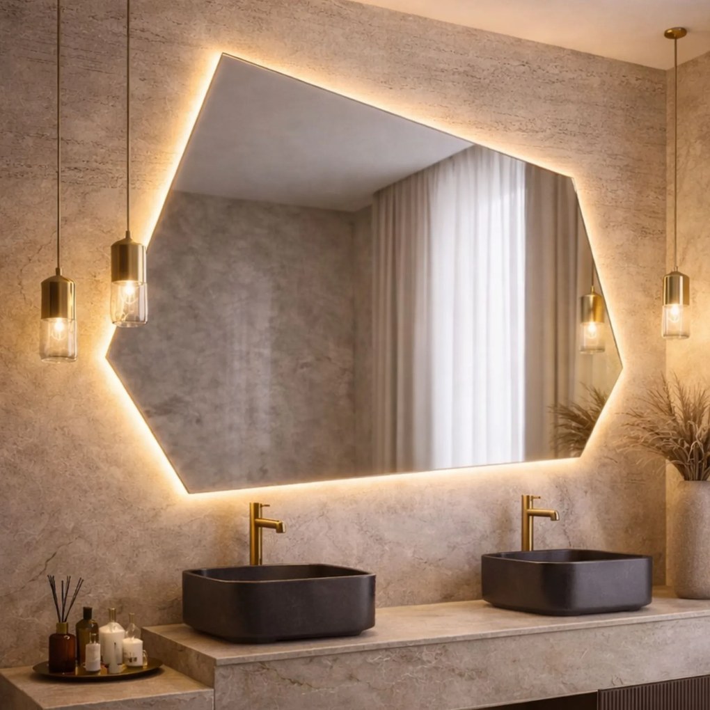 Lustro dekoracyjne o nieregularnym kształcie z podświetleniem FLOW Geometric LED| Różne rozmiary | Różne kolory : Kolor tafli szkła - Srebrny, Rozmiar - 100x69