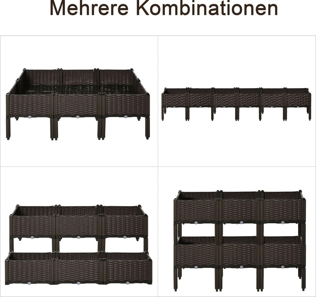 Outsunny podwyższona grządka 6-częściowa skrzynia na rośliny z otworami odpływowymi o wyglądzie rattanu kwietnik DIY kolor brązowy 40 x 40 x 44 cm