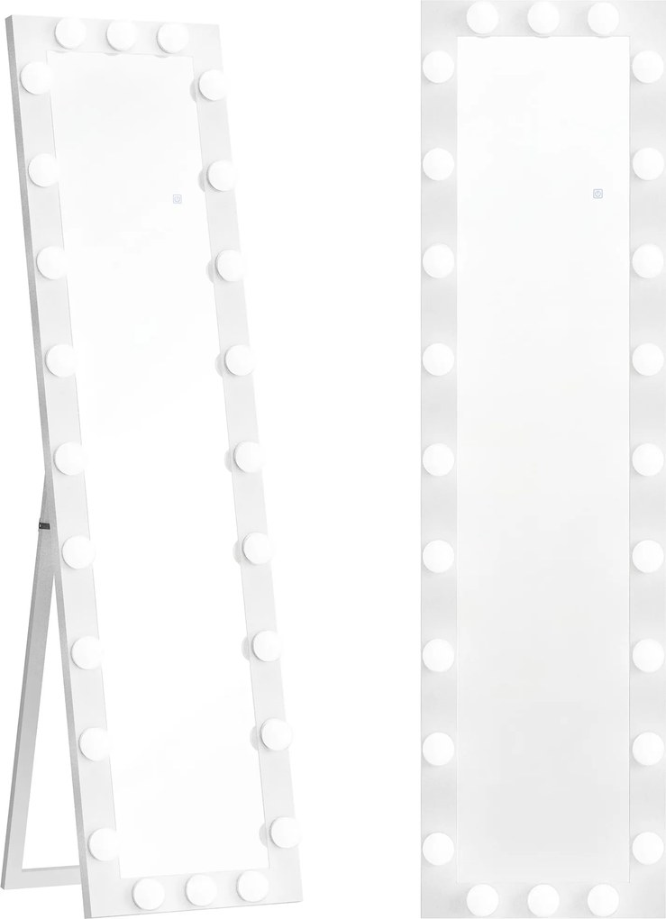 HOMCOM Lustro całopostaci 150x40 cm Lustro LED z 24 żarówkami 3 barwy światła, wolnostojące, do oparcia lub montażu na ścianie Biały | Aosom PL