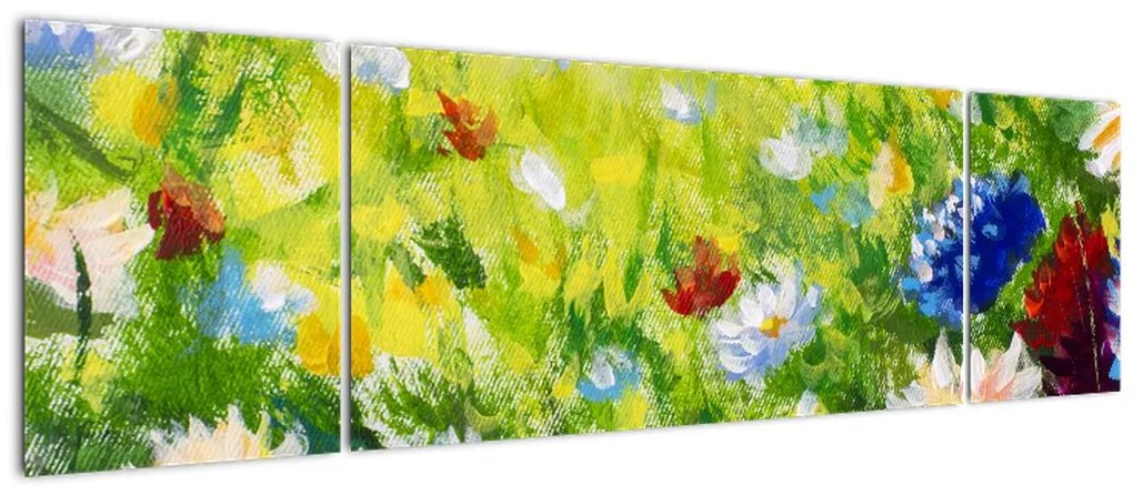 Obraz kwitnącej łąki, obraz olejny (170x50 cm)