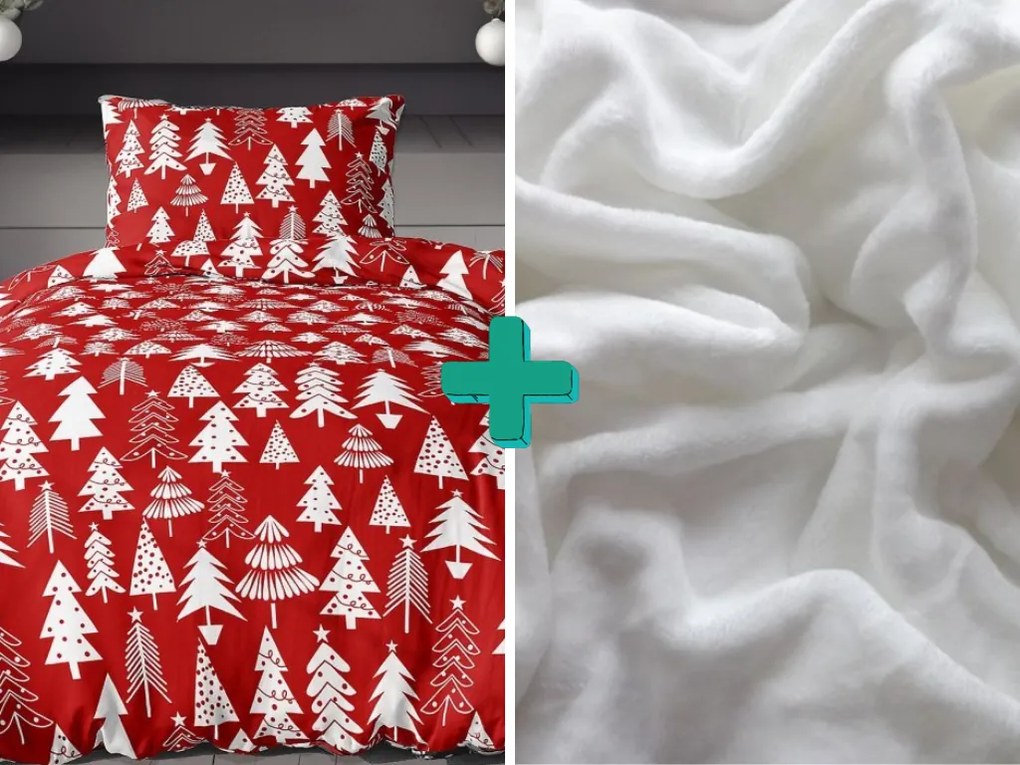 PrzytulneMieszkanie.pl PrzytulneMieszkanie.pl PrzytulneMieszkanie.pl Pościel flanelowa CHRISTMAS TREES czerwona + prześcieradło z mikropluszu SOFT 90x200 cm białe