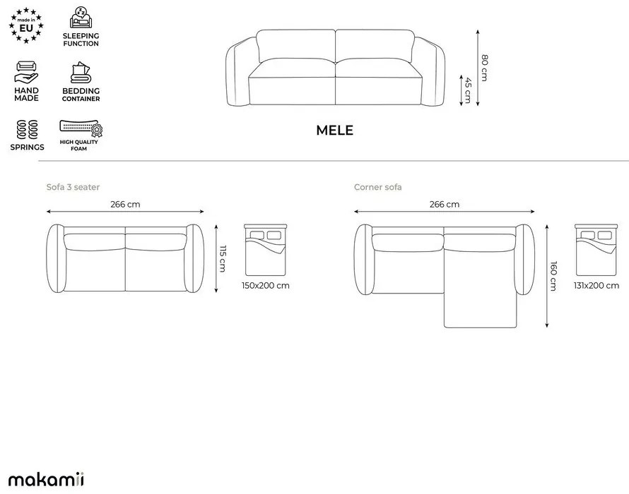Niebieski narożnik rozkładany z tkaniny szenilowej ze schowkiem (prawostronny/z szezlongiem) Mele – Makamii