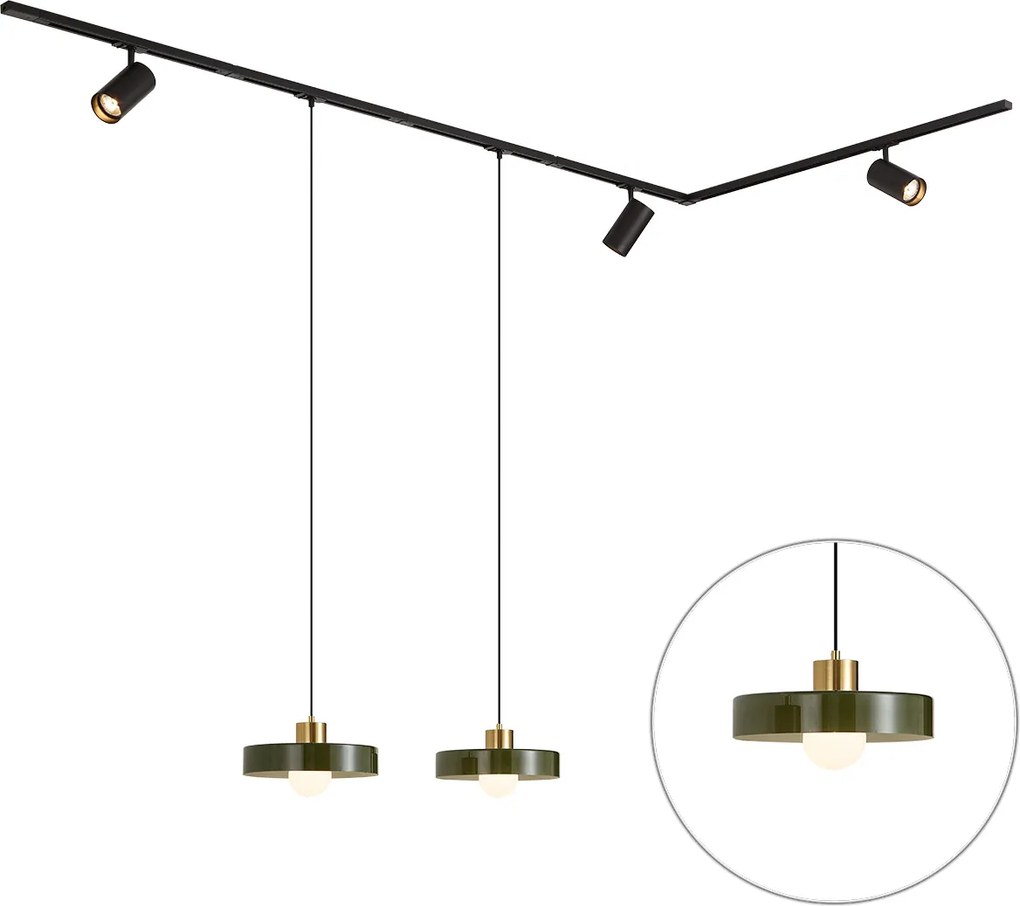 Nowoczesny system szynowy czarny z 2 zielonymi lampami wiszącymi i 3 reflektorami 1-fazowy - Iconic Jeana Luxe Jina
