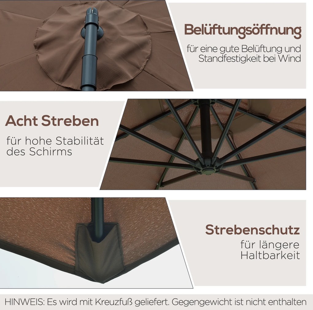 Outsunny Parasol Ogrodowy z Korbką Wodoodporny 3 m x 2,5 m, Stal i Poliester, Kolor Kawa