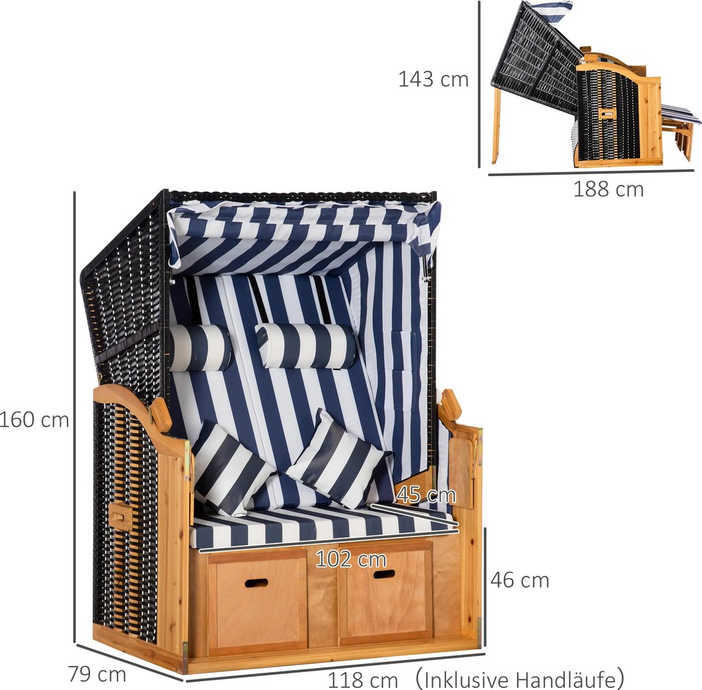 Outsunny kosz plażowy z dachem imitacja rattanu stół składany niebieski 118 x 79 x 150 cm