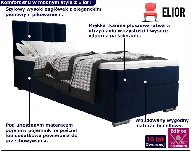 Welurowe łóżko z pionowo pikowanym zagłówkiem 90x200 R0-M52