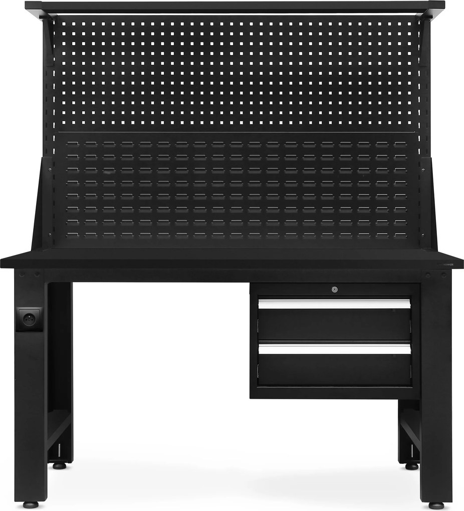 Biurko warsztatowe z perforowaną tablicą czarne, 1500x1700x750 mm: LOGAN All Black