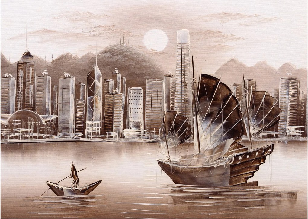 Obraz - Victoria Harbor, Hongkong, efekt sepii (70x50 cm)