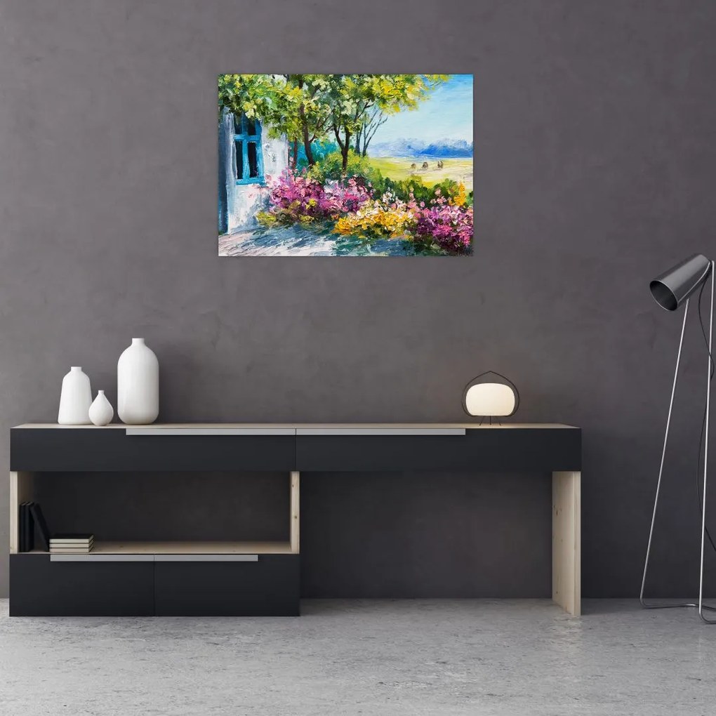 Obraz ogrodu przed domem, obraz olejny (70x50 cm)