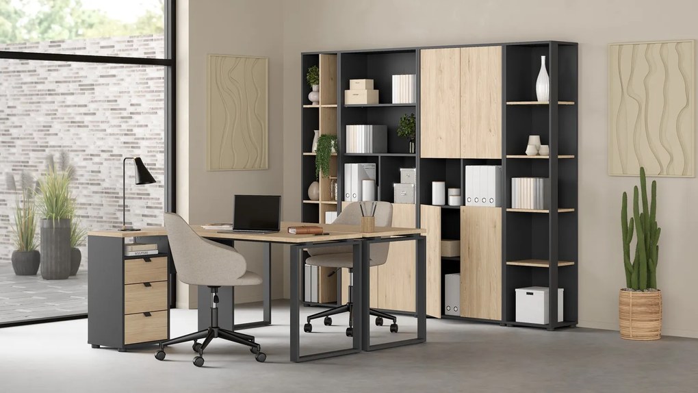 Wąski regał biurowy dwurzędowy 4 półki Sign 40 jackson hickory/szary mat