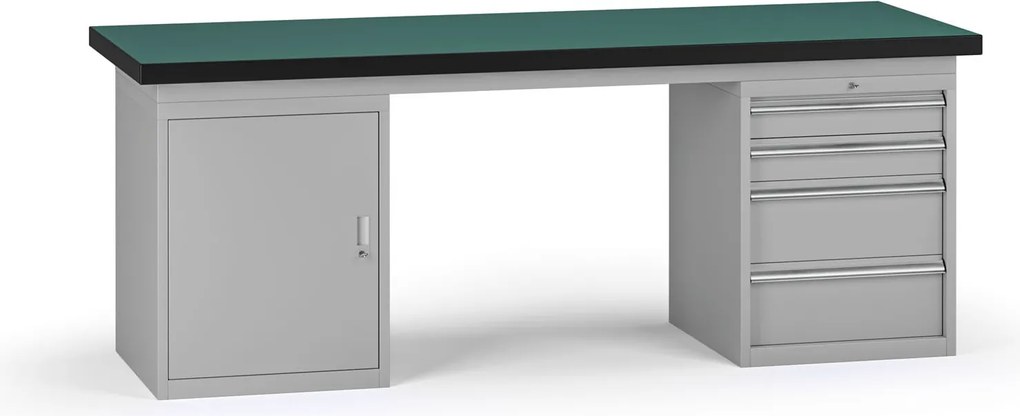 Stół warsztatowy G8, 2100 x 750 x 800 mm, 1x szafka, 1x kontener, 4x szuflada, szary