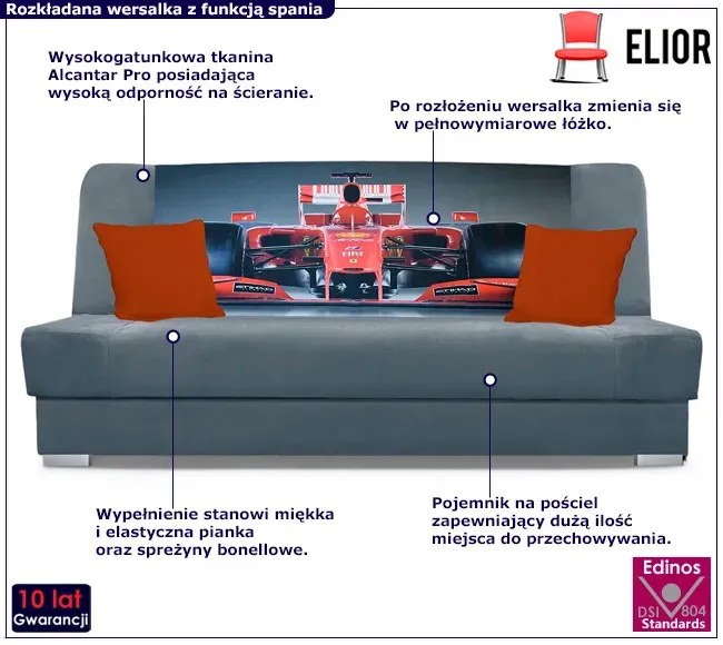 Ciemnoszara wersalka rozkładana z motywem F1 - Piovia 21X