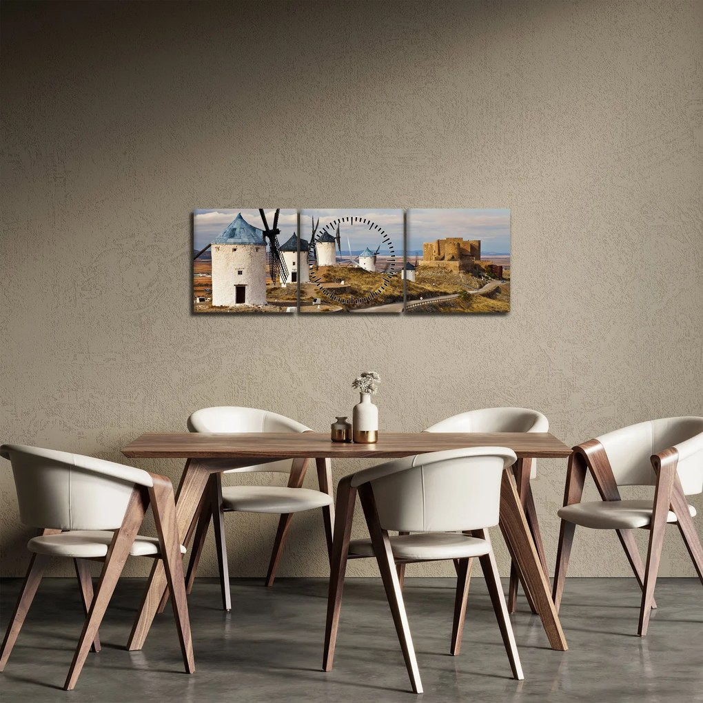 Obraz - Wiatraki Consuegra, Hiszpania (z zegarem) (90x30 cm)