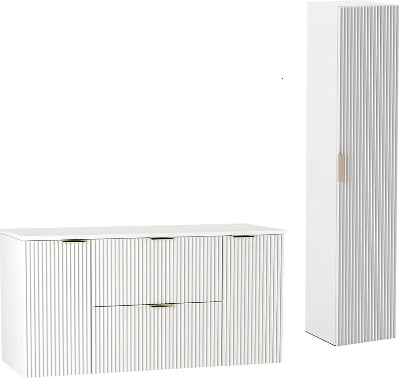 Biały Zestaw Łazienkowy 120cm Szafka Blat Słupek Ryflowane Fronty