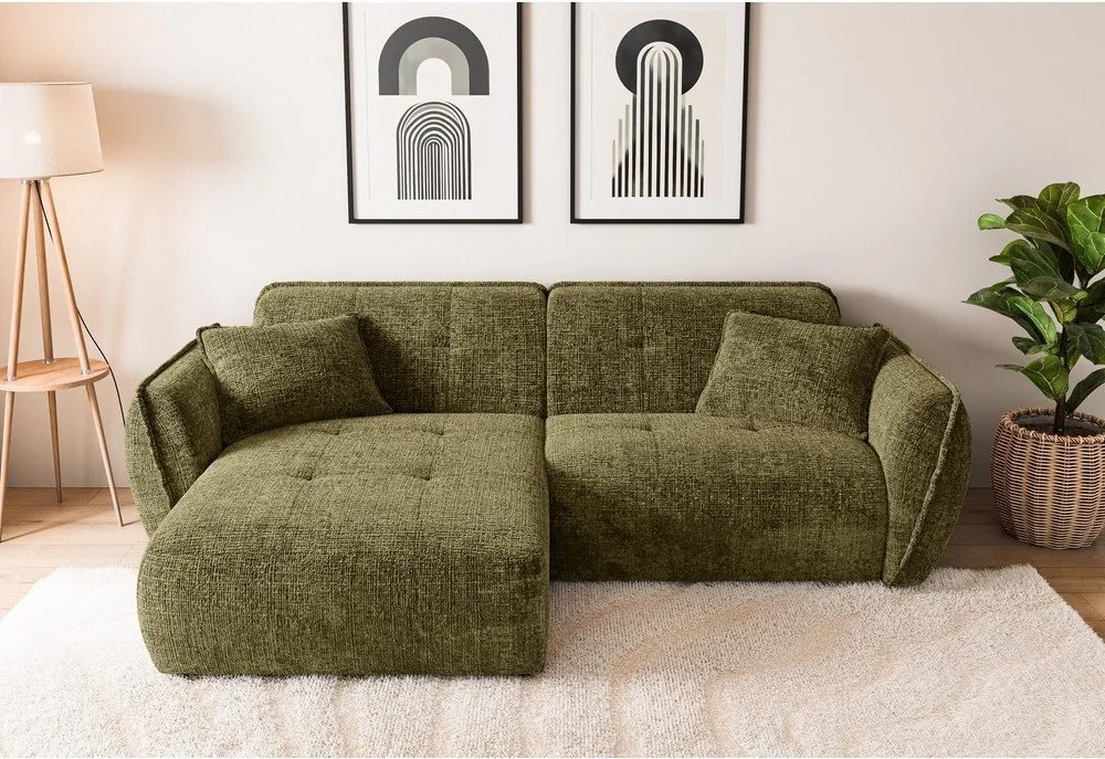 Zielony narożnik z tkaniny szenilowej (lewostronny/z szezlongiem) Nelia – Ropez