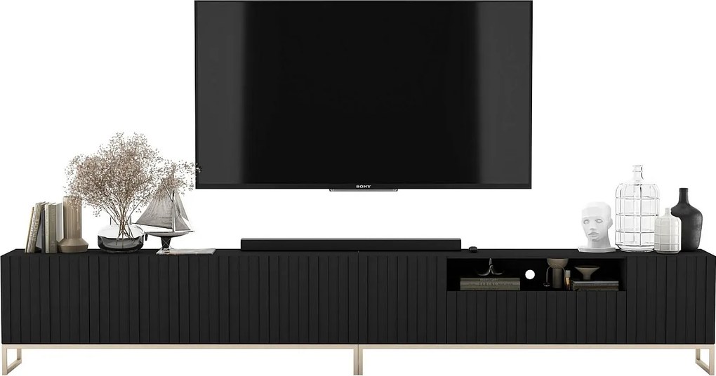 Szafka RTV z 7 drzwiami i wnęką – korpus czarny mat, fronty ryflowane czarne matowe – 300 cm, rama metalowa