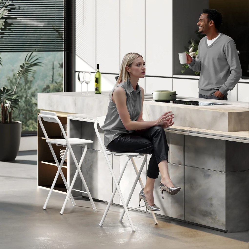 HOMCOM Hokery Barowe 2 szt., Składane Krzesła z Metalową Ramą, Oparciem i Podnóżkiem, 37 x 45 x 87 cm, Białe | Aosom PL