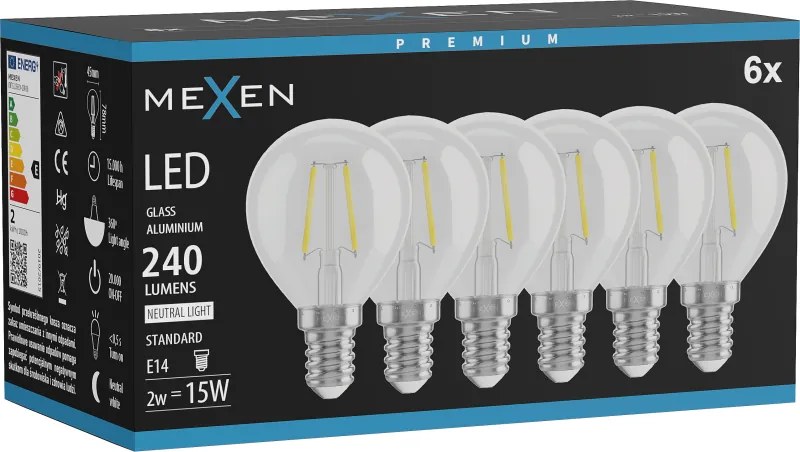 Mexen Vintis 6x żarówka filament LED E14, G45, 2W, Neutralna - 4000K, 240 lm, clear - L156-E14-0240-00x06