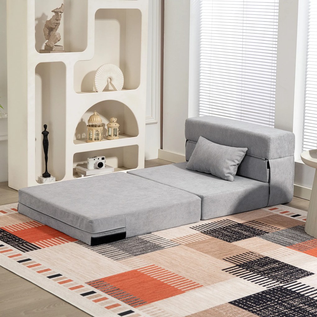HOMCOM Sofa na podłogę, tapicerowana soffa, przekształcana w materac, pianka, poduszka, jasnoszary