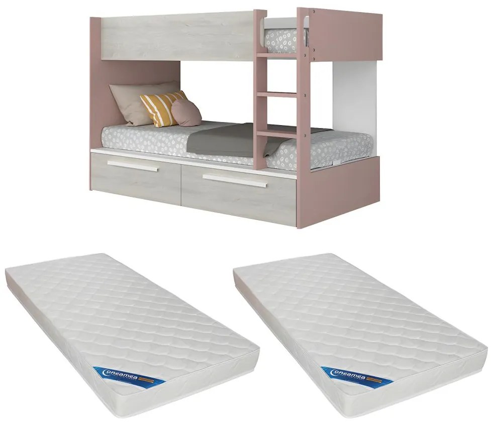 Łóżko piętrowe 2 x 90 x 200 cm - 2 szuflady - Różowy, biały i naturalny + Materac - TINOLI
