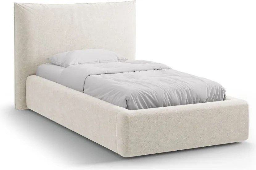 Kremowe tapicerowane łóżko jednoosobowe ze schowkiem i stelażem 90x200 cm Kaelle – Micadoni