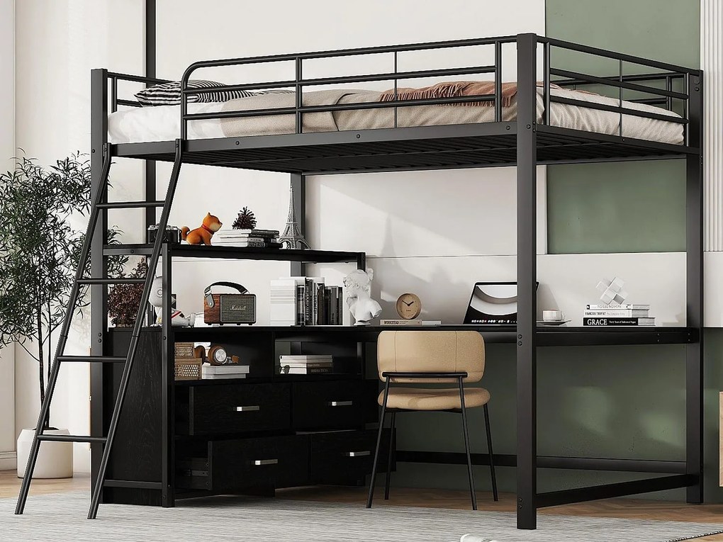 Łóżko mezzanine 140x200cm - biurko narożne z szufladami - z MDF i metalu - Czarny