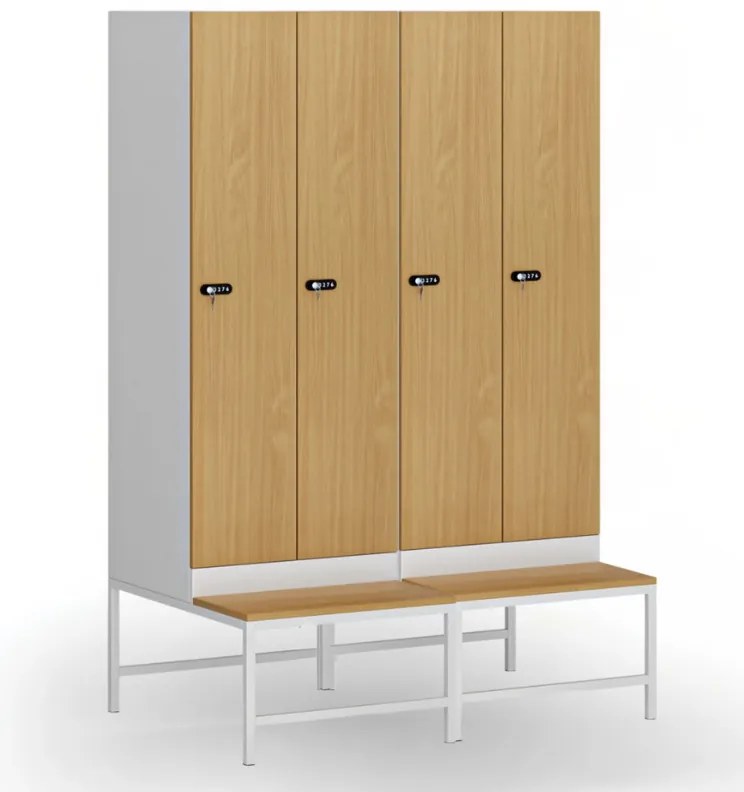 Szafka ubraniowa S1 z ławką, 2-drzwiowa, 1875 x 600 x 500/800 mm, demontaż, zamek mechaniczny z kodem, drzwi laminowane, orzech