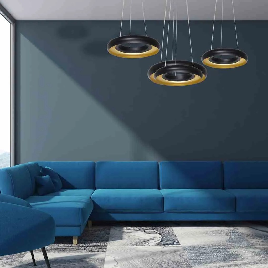 LAMPA WISZĄCA Potrójna czarna-złota RONDO NERO 36W LED