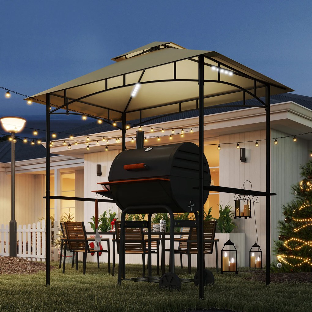 Outsunny Pawilon Grillowy z Oświetleniem LED 240 x 150 x 258 cm Odporny na Wodę i Ogień, Pergola z Podwójną Warstwą Dachu