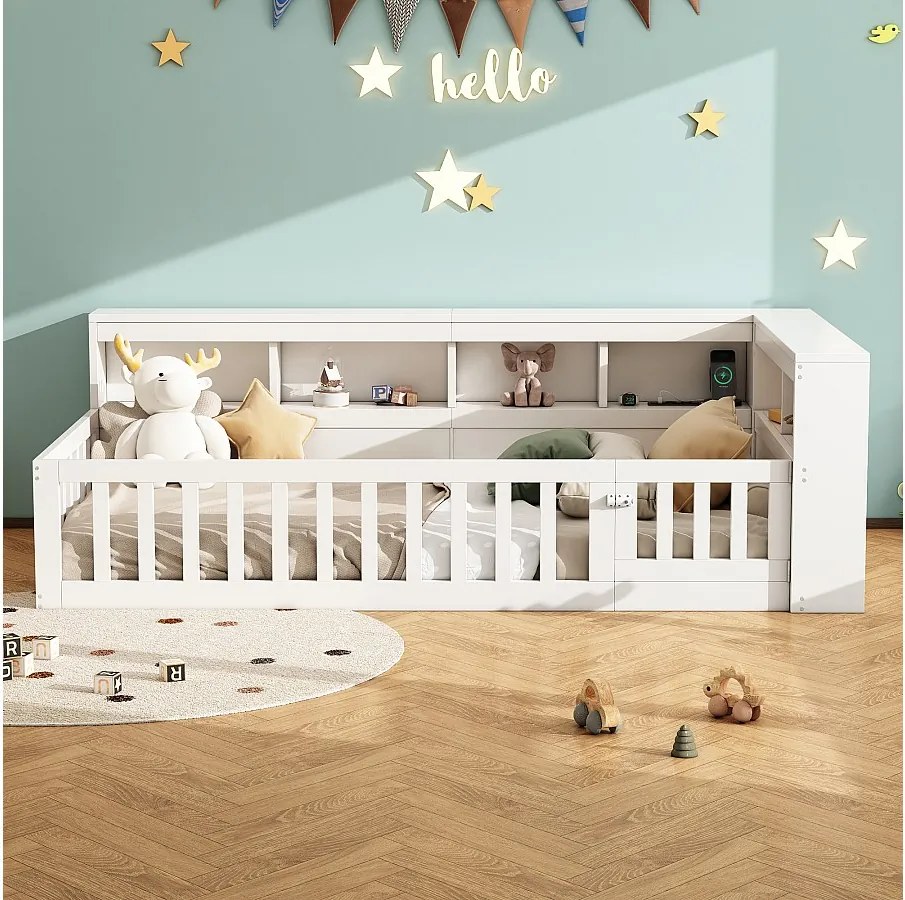 Łóżko dziecięce 90x200 cm - Wezgłowie z miejscem do przechowywania - Stelaż listwowy - z gniazdkiem i portem USB - biały